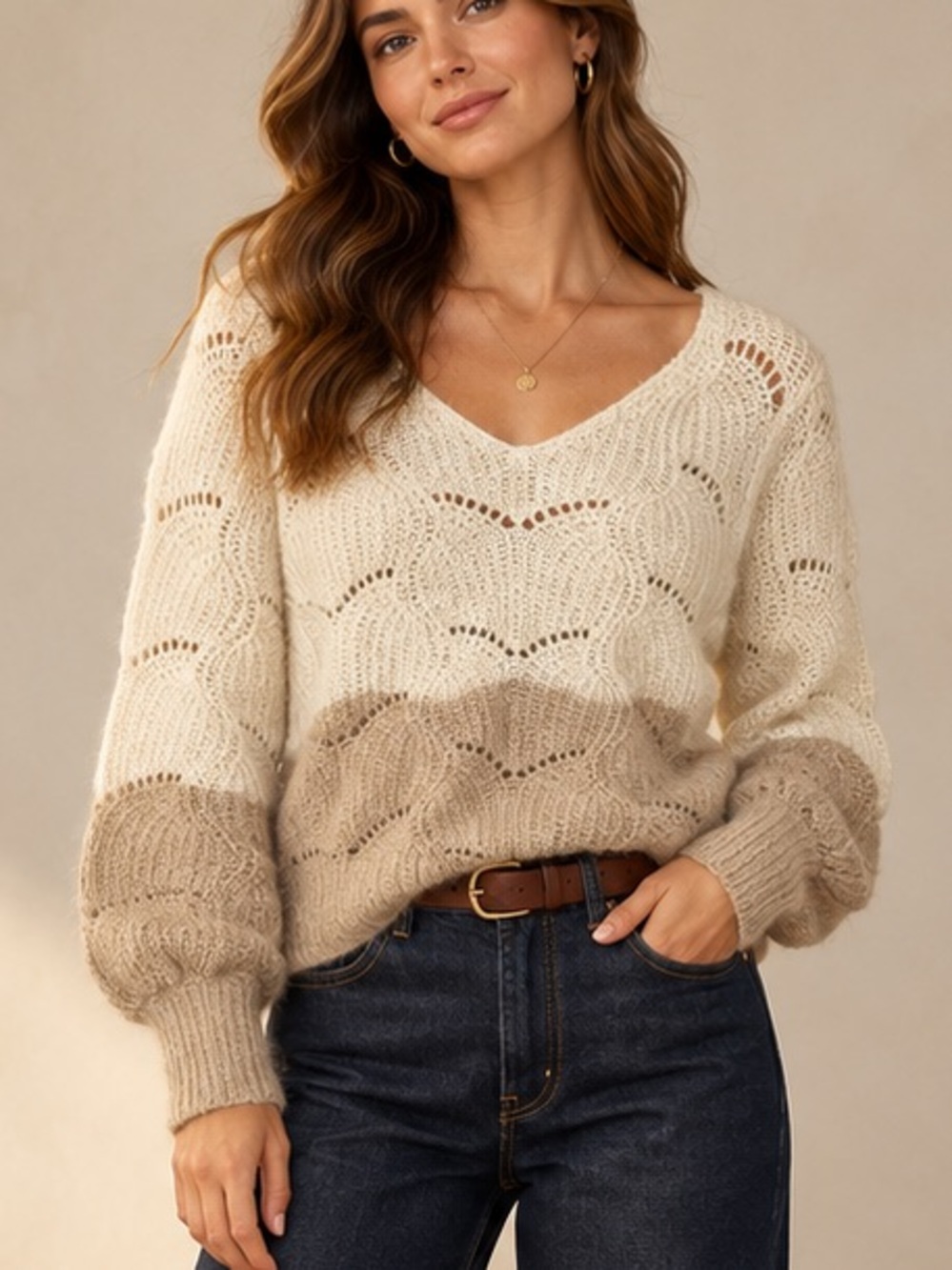 Soya Concept Color Block Knit Sweater in Cream & Brown Like New
